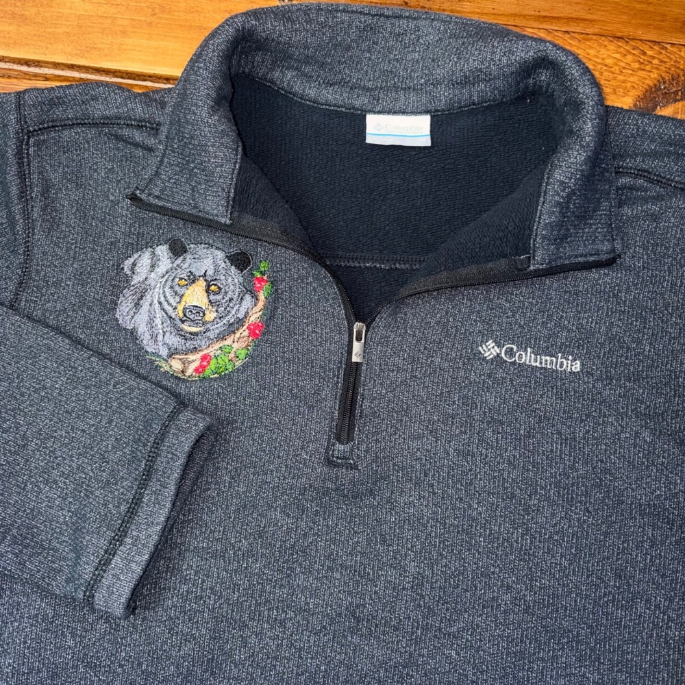 Columbia Quarter Zip Pullover Mens Medium Grey Black Bear Embroidered Fleece